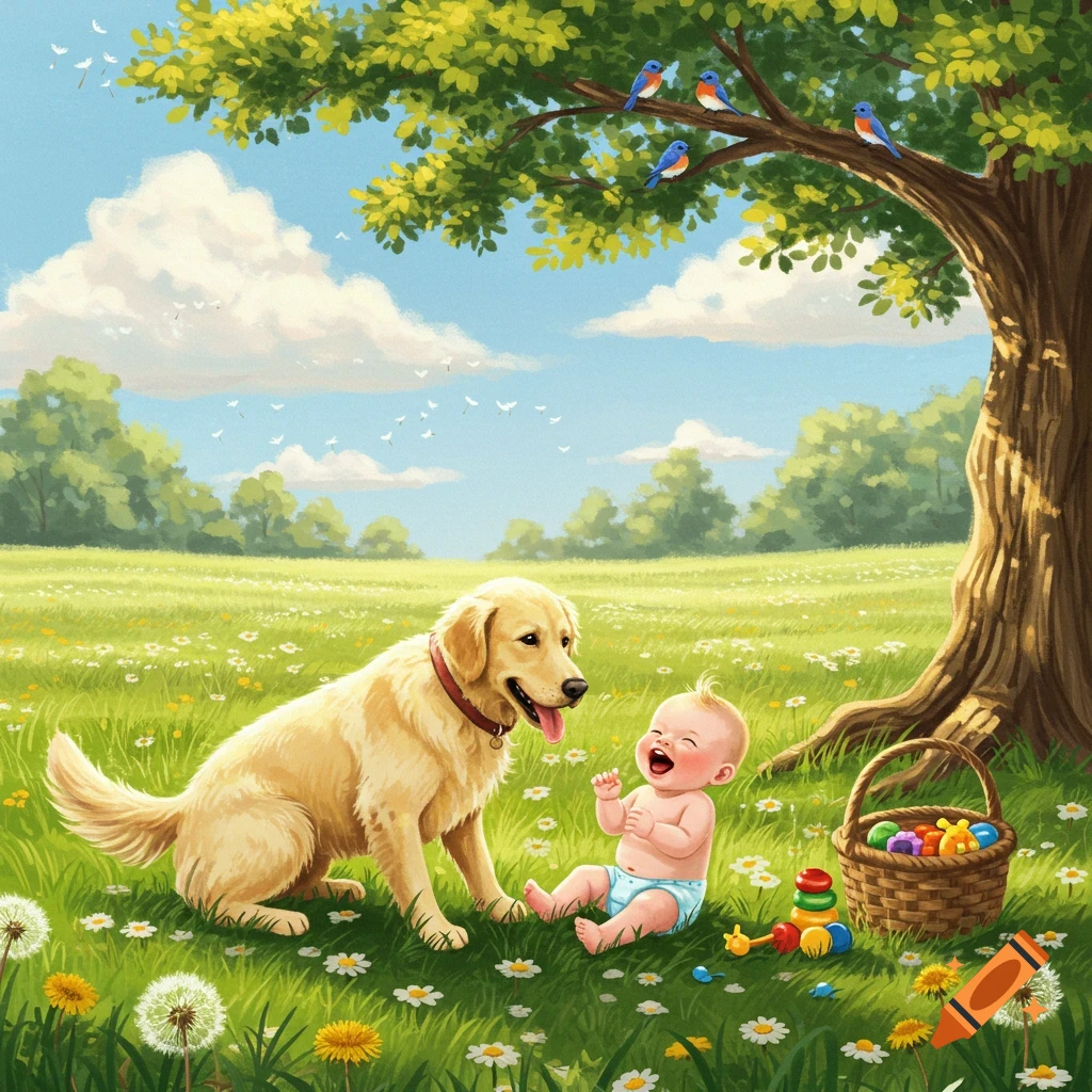 An illustration of a golden retriever looking at a laughing baby playing with toys in a sunny, wildflower-filled field under a tree with blue birds.