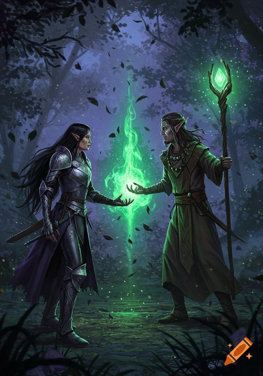 Two elf-like figures, one in armor and one in robes, interact with glowing green magic in a dark forest, digital fantasy art.