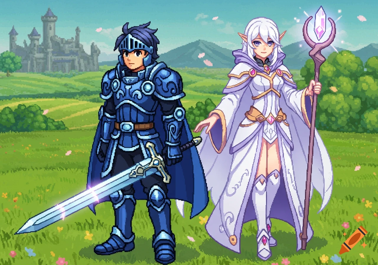 Pixel art of a blue knight and a white-robed elf mage standing in a field with a castle.