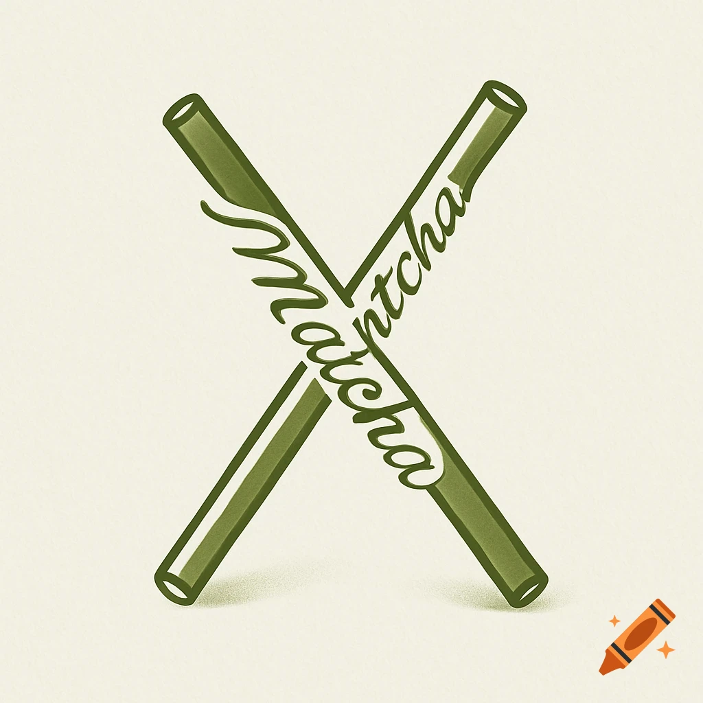 Two green straws crossed into an 'X' shape, each with 'matcha' written on it in script. Cream background.
