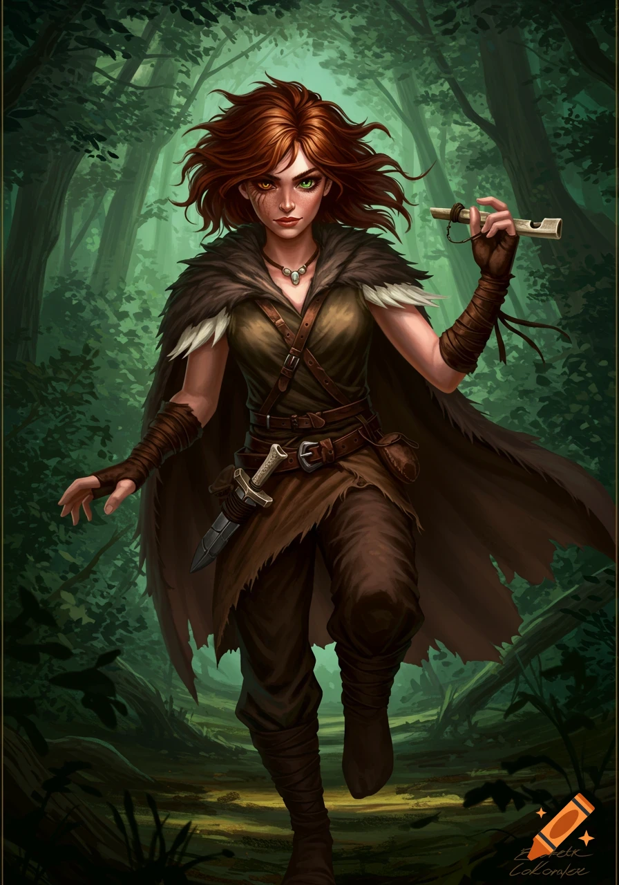 A red-haired female fantasy rogue with heterochromia, wearing a fur cloak and carrying a bone whistle, walks through a lush green forest.