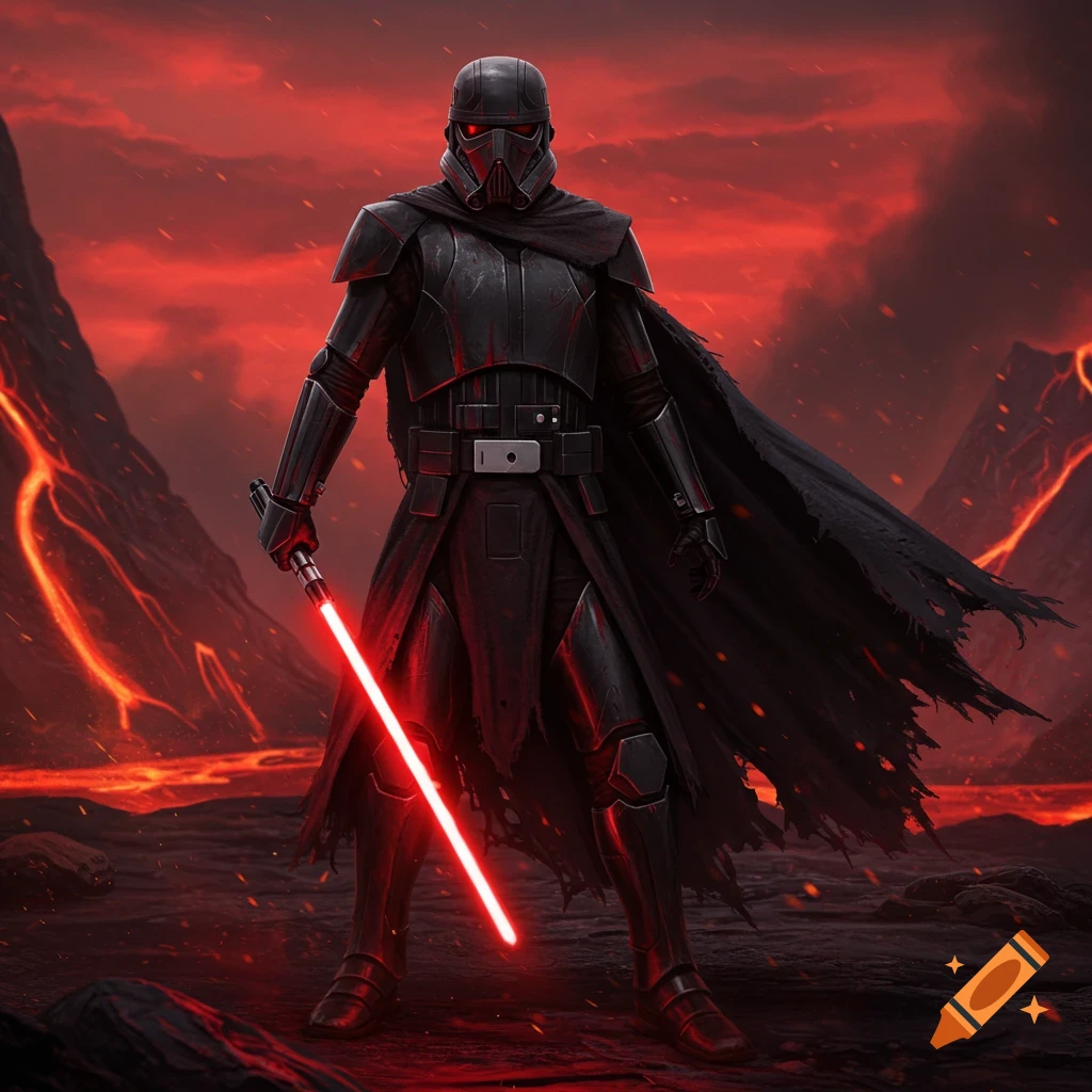 A menacing Sith Lord in black armor, holding an ignited red lightsaber, stands on a volcanic wasteland under a red sky, cinematic digital art.