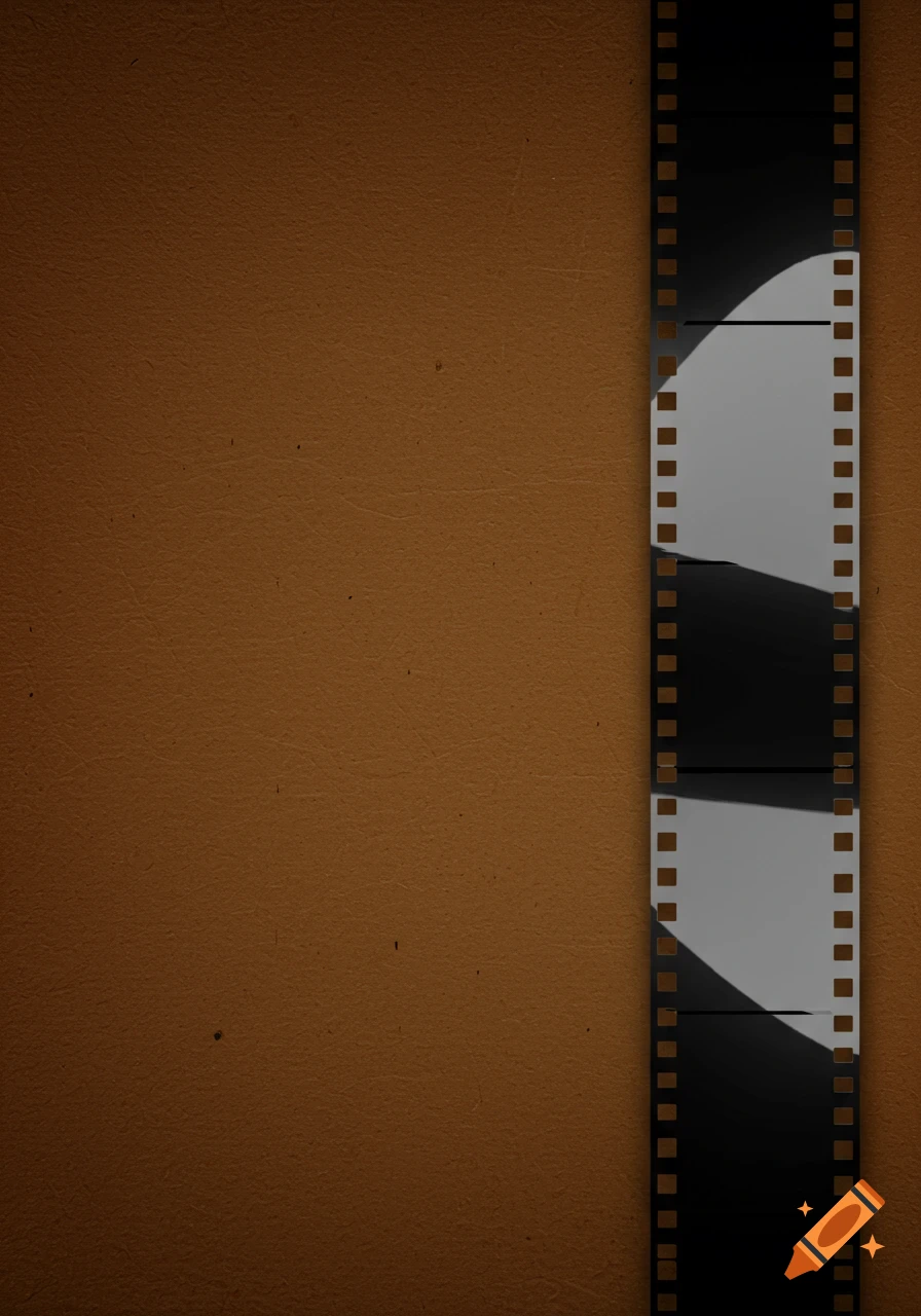 A brown paper-textured background with a black film strip on the right, showing gray frames and shadows.