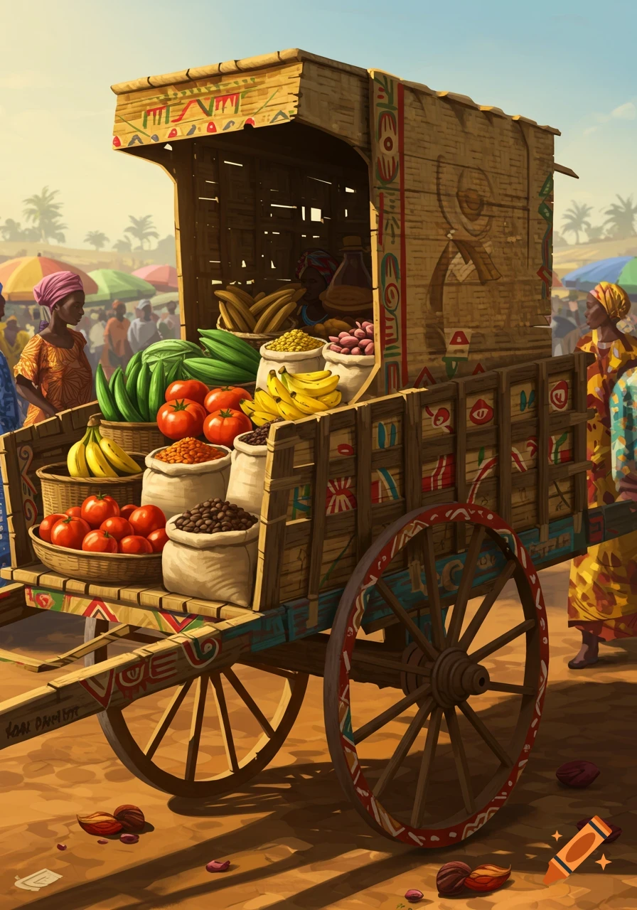 A decorated wooden cart overflowing with fresh produce like bananas, tomatoes, and bags of beans, set in a bustling outdoor market with people and palm trees under a sunny sky in an illustrative style.
