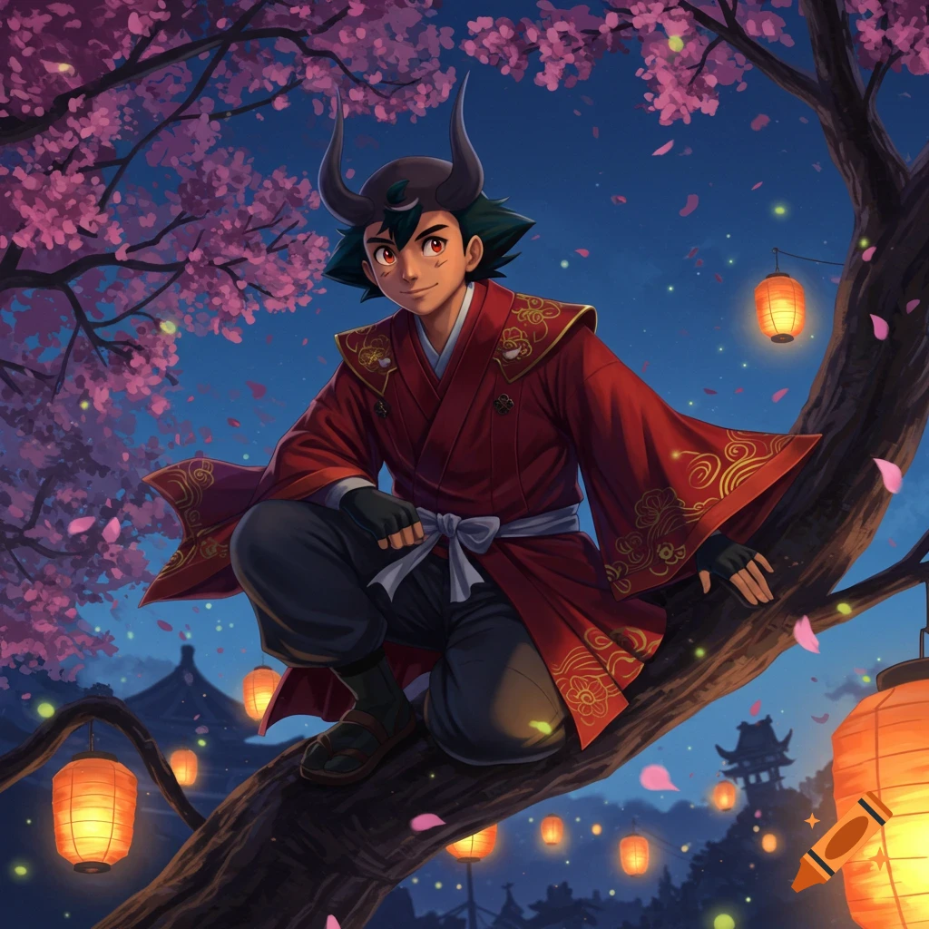 Anime illustration of a young man with horns in a red kimono crouching on a cherry blossom tree branch at night with lanterns.