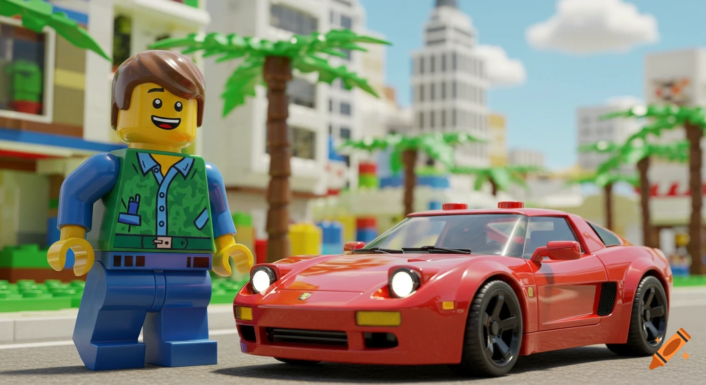 A Lego man in a green shirt and blue pants stands next to a shiny red sports car on a street, with a Lego city skyline and palm trees in the background.