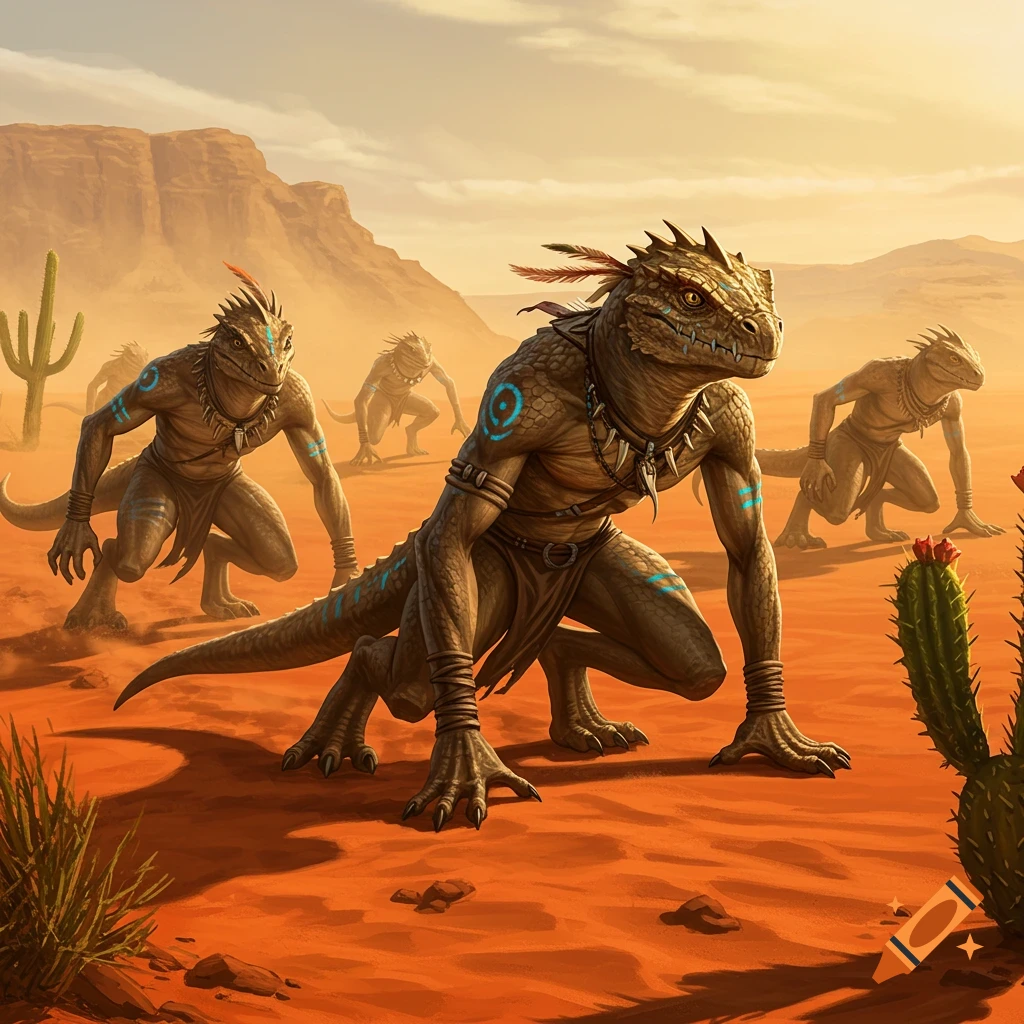 Detailed illustration of reptilian lizardfolk creatures crawling through a desert landscape with mountains and cacti.