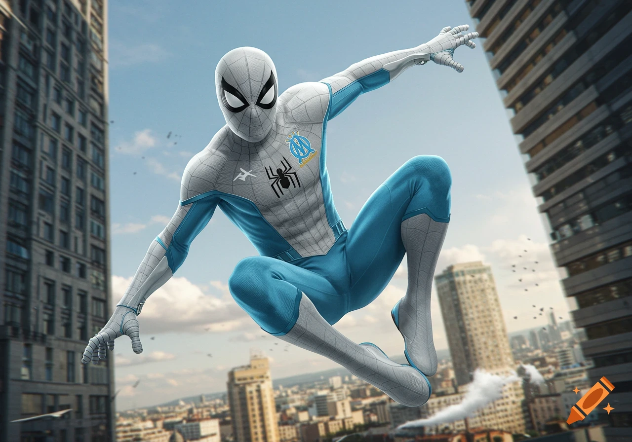 Spider-Man in a custom white and light blue suit with the Olympique de Marseille logo on his chest, leaping between modern city buildings on a sunny day.