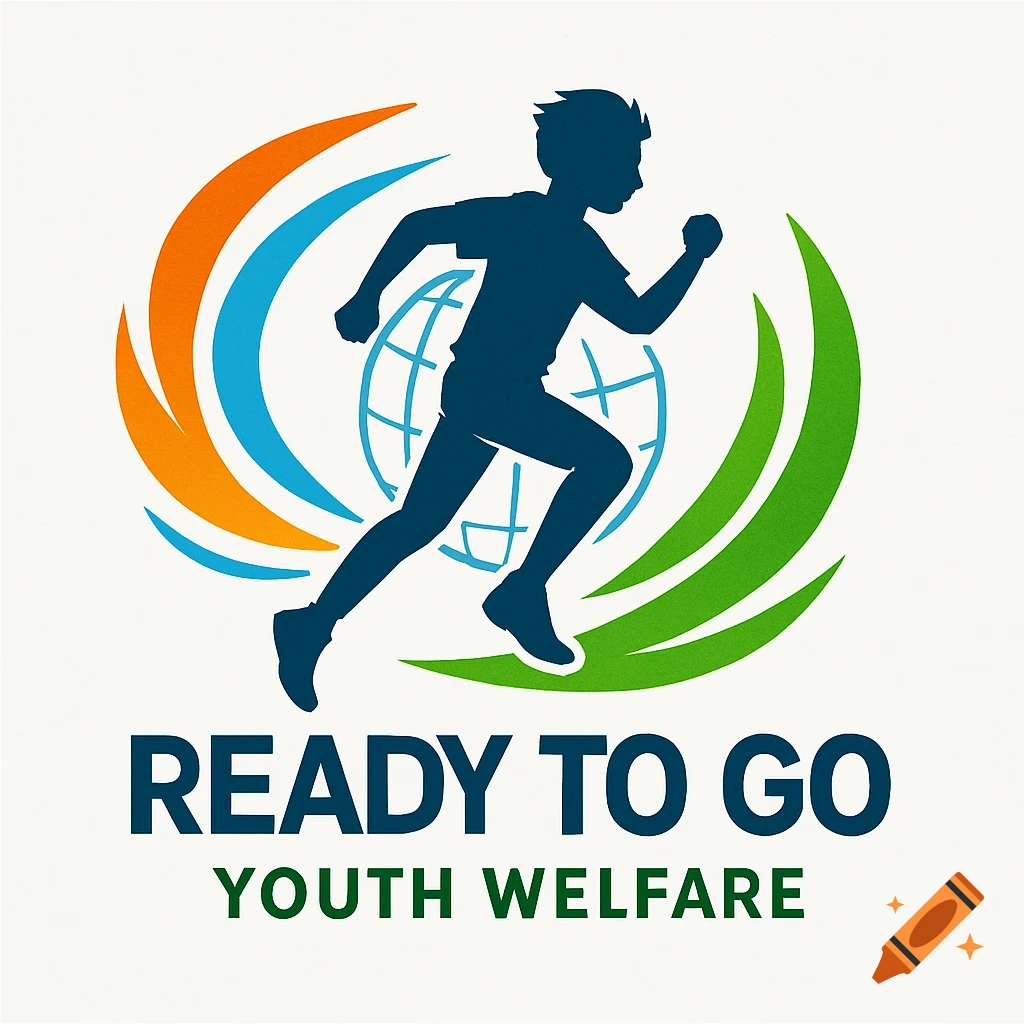 Logo with a silhouette of a running person in front of a blue globe and orange and green swirling shapes, text 'READY TO GO YOUTH WELFARE'.