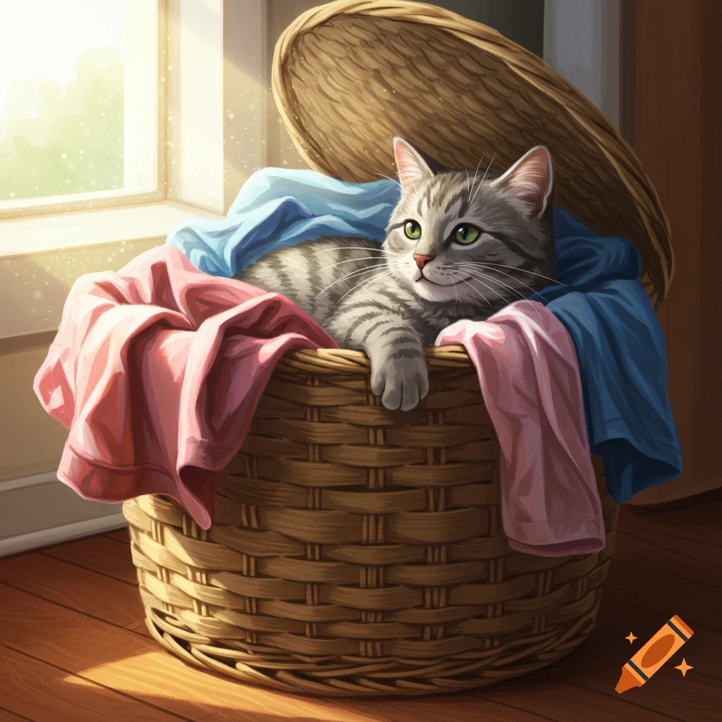 A gray tabby cat with green eyes sits comfortably in a wicker laundry basket filled with pink and blue clothes, by a sunny window.