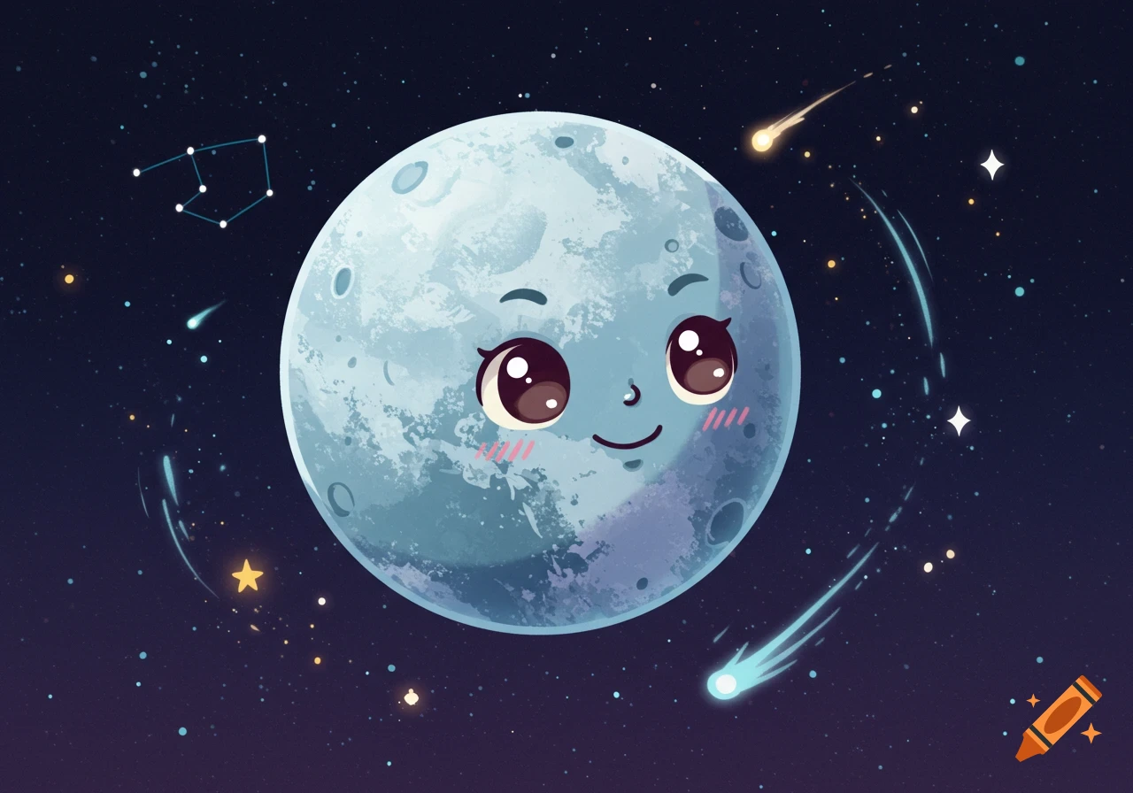 A cute cartoon planet with a smiling face, rosy cheeks, and large eyes, surrounded by stars and comets in a dark blue space.