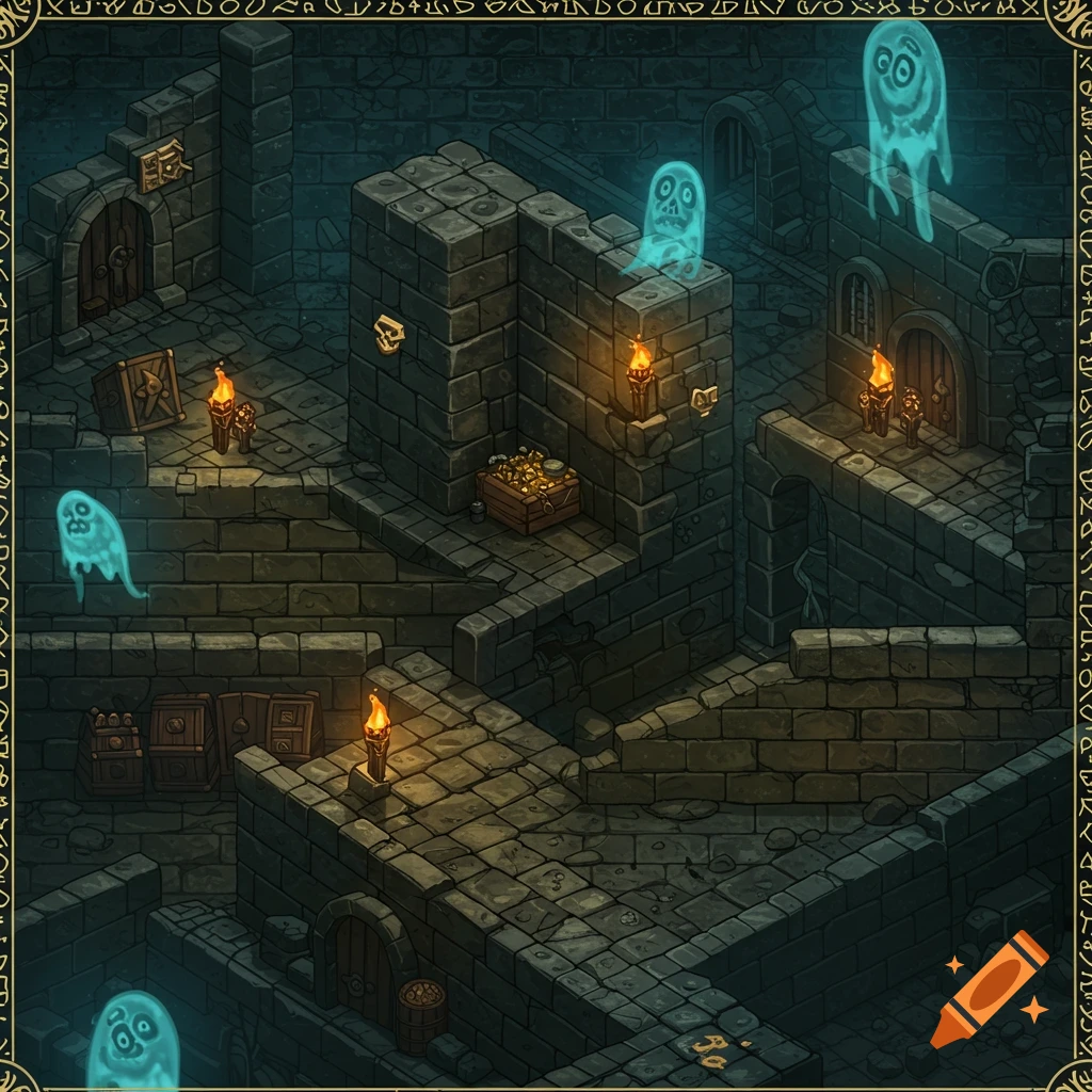 An isometric view of a multi-level dungeon tile with stone walls, torches, treasure chests, and several glowing blue ghosts.