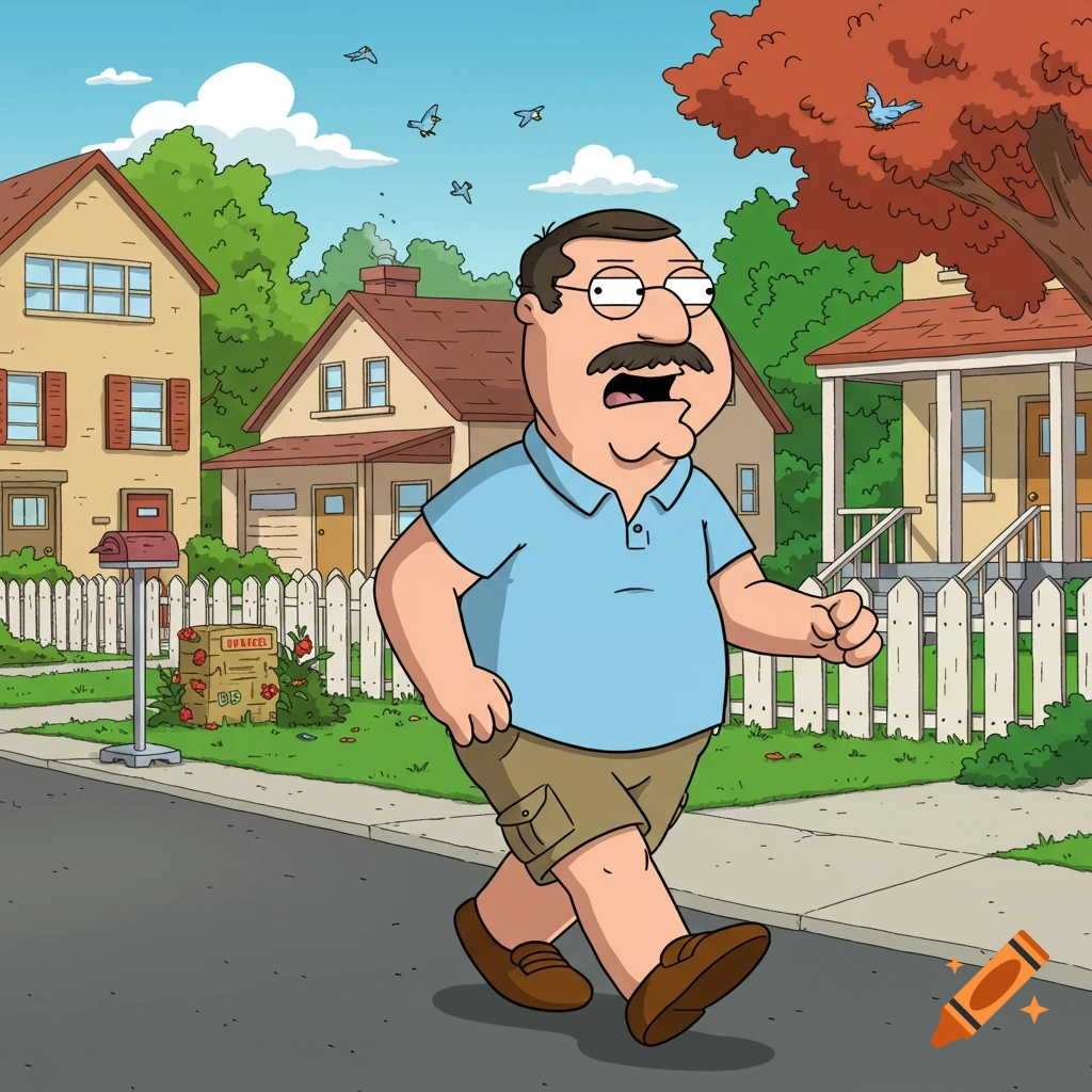 A cartoon man with a mustache, in the style of Family Guy, walks on a suburban sidewalk past houses.