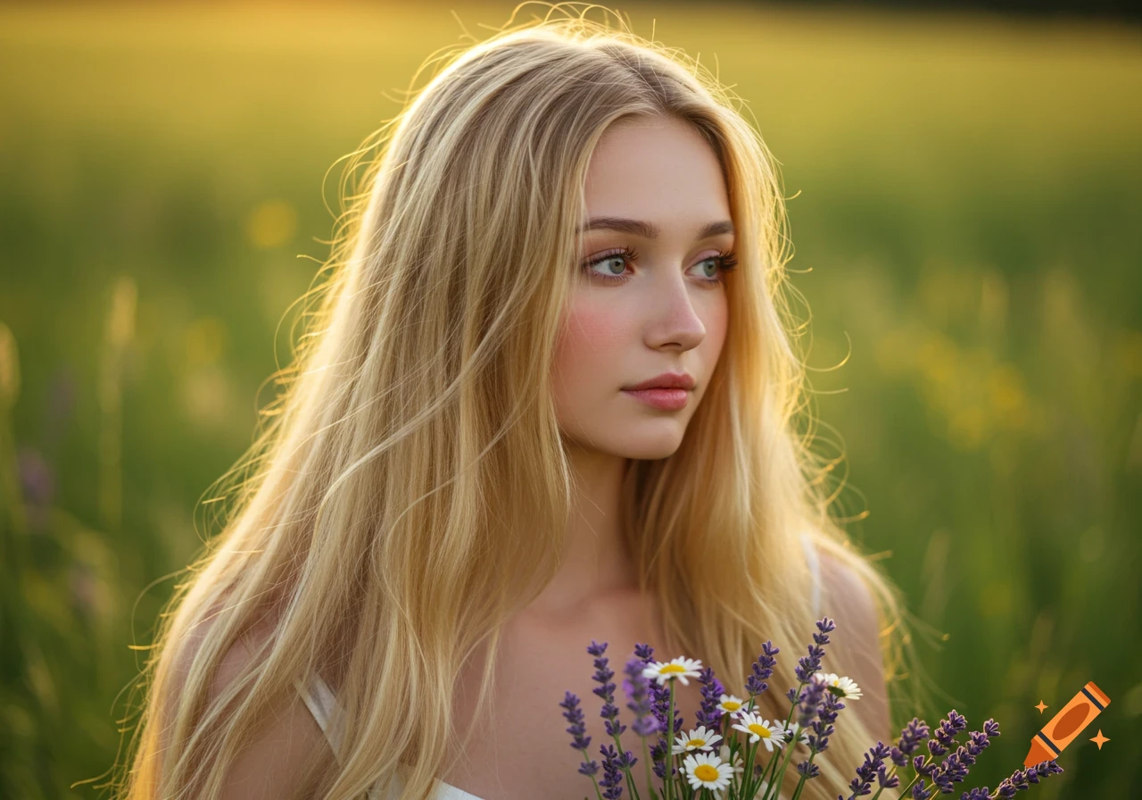 Photorealistic portrait of a young blonde woman in a sunlit field, holding lavender and daisies.