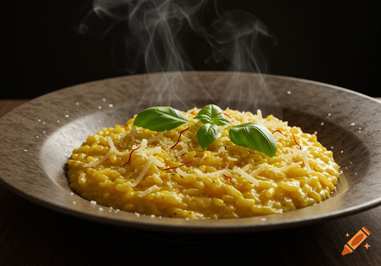 A close-up, photorealistic image of a steaming plate of yellow risotto topped with grated cheese, fresh basil leaves, and red saffron threads.