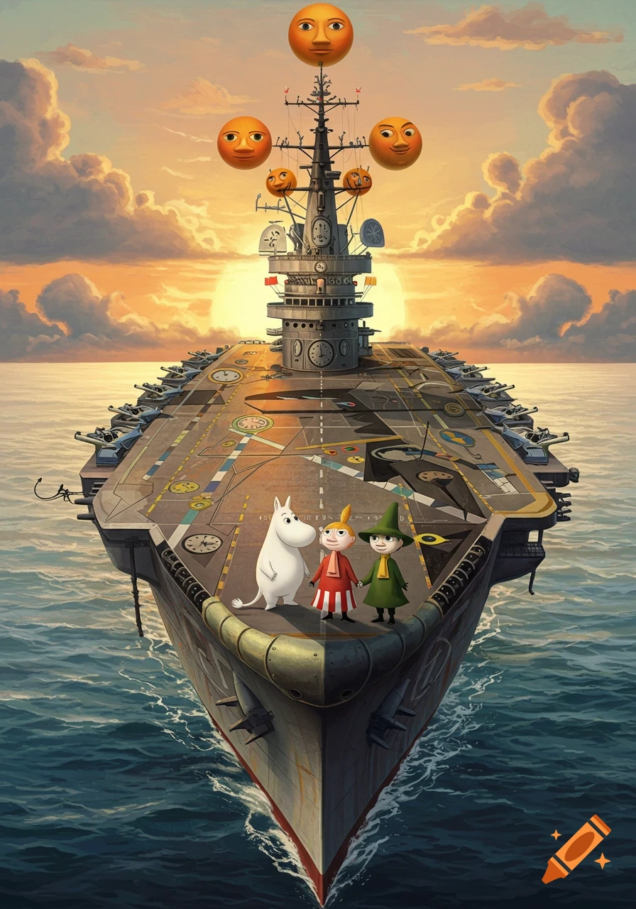 Moomin characters stand on a surreal aircraft carrier adorned with clocks and emoji-like suns, painted in a style inspired by Dali and Picasso, at sunset.