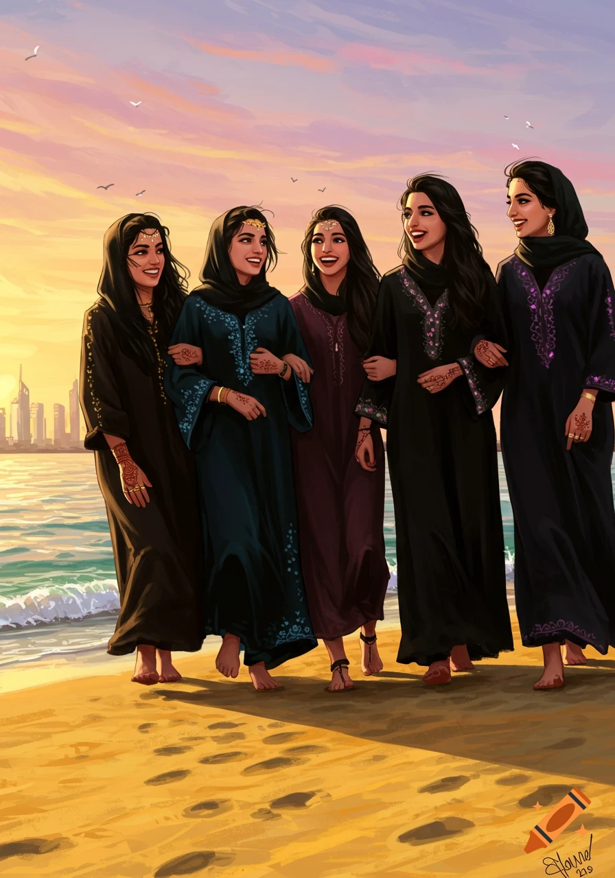 Five smiling women in traditional Middle Eastern attire walk arm-in-arm on a sandy beach at sunset, with a distant city skyline, in an illustration.