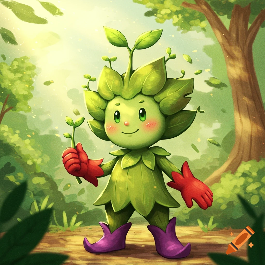 A cute, cartoonish green plant character with red gloves and purple boots holds a sprout in a sunny forest.
