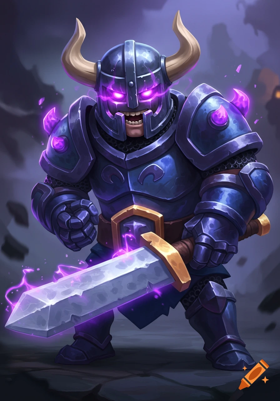 A cartoon warrior in dark blue and purple medieval armor with glowing purple eyes holds a large sword, in an epic battle stance.