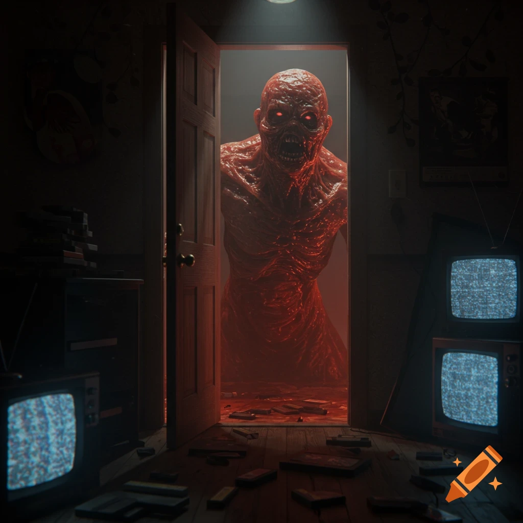 A grotesque, red monster with glowing eyes peers from a dark doorway into a dimly lit 90s room with static TVs and scattered VHS tapes, horror style.