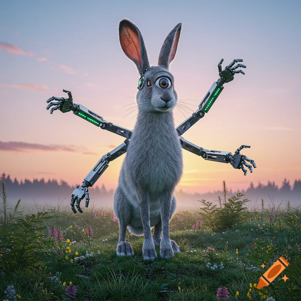 Photorealistic 3D render of a cyclops hare with multiple robotic arms, sitting in a grassy field at sunset.