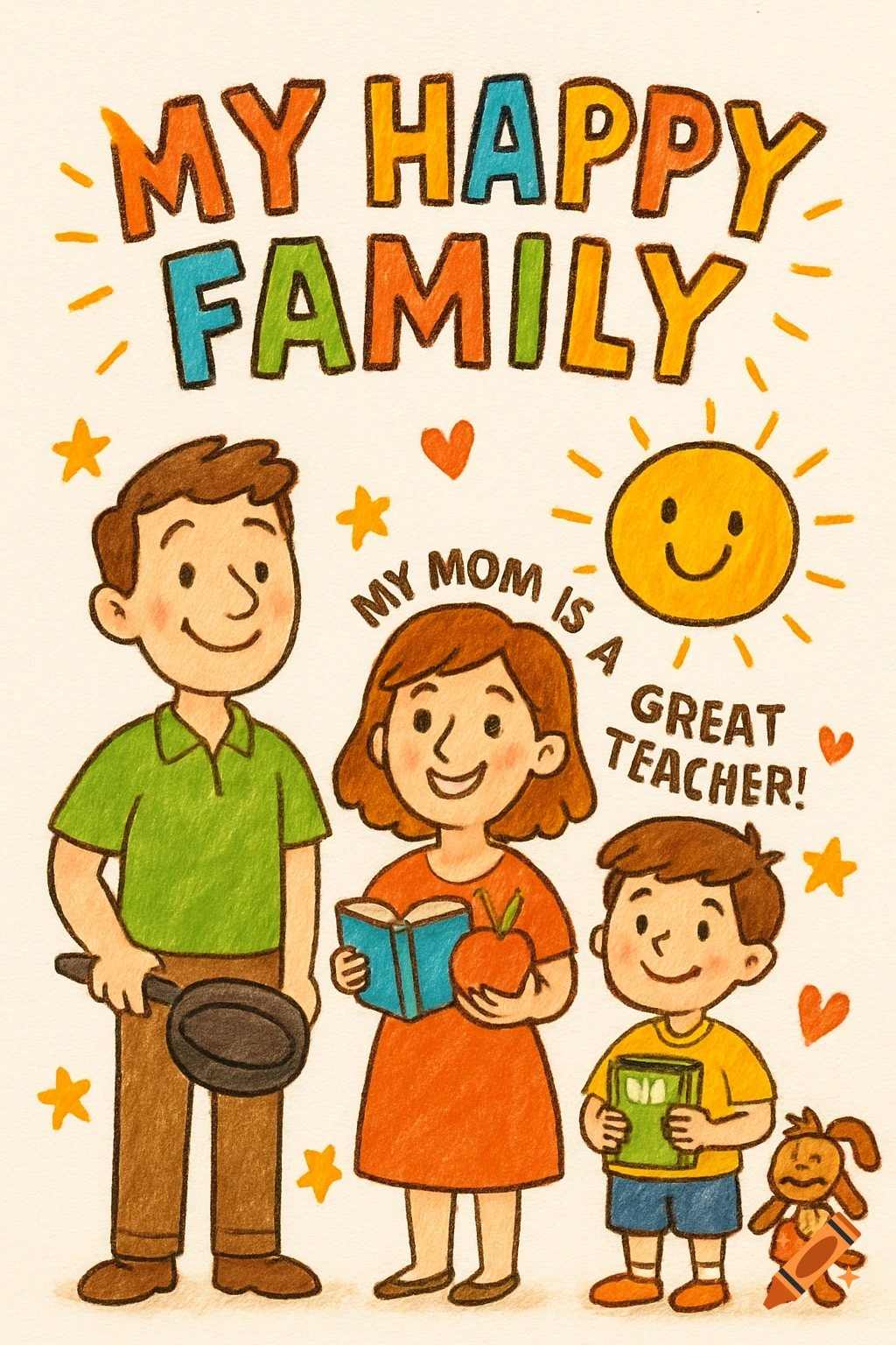 Colorful, hand-drawn illustration of a happy cartoon family with text "My Happy Family" and "My Mom is a Great Teacher!".