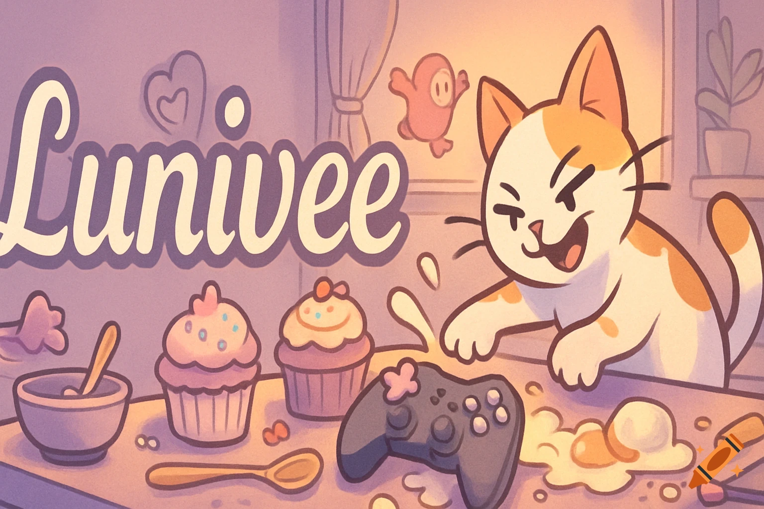 A cute cartoon banner with a mischievous cat making a mess, cupcakes, a controller, 'Luniivee' text, and a Fall Guys character.