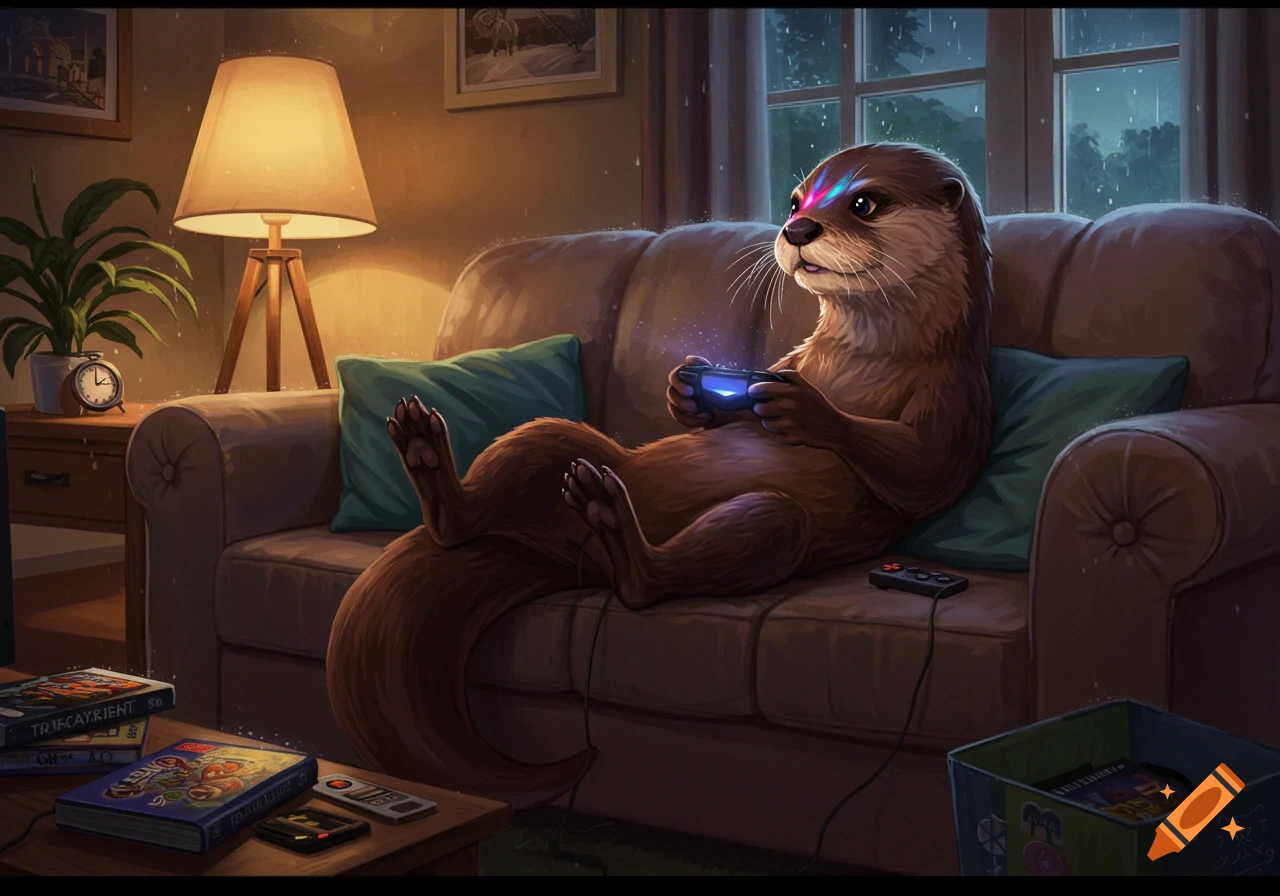 An anthropomorphic otter plays video games on a brown couch in a cozy living room at night, holding a blue glowing controller.