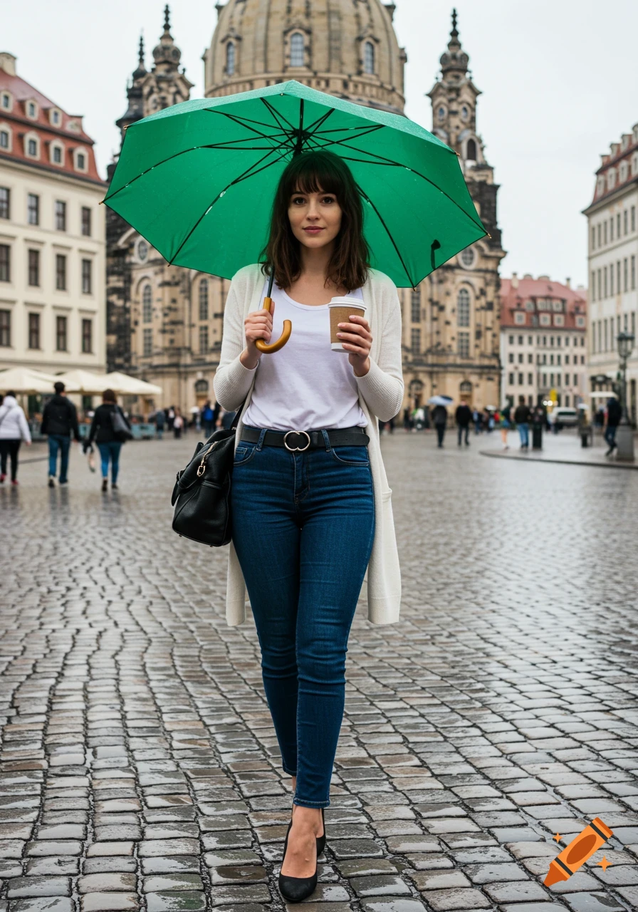 A brunette woman with a green umbrella and coffee walks on a wet cobblestone street in Dresden, with the Frauenkirche in the background.