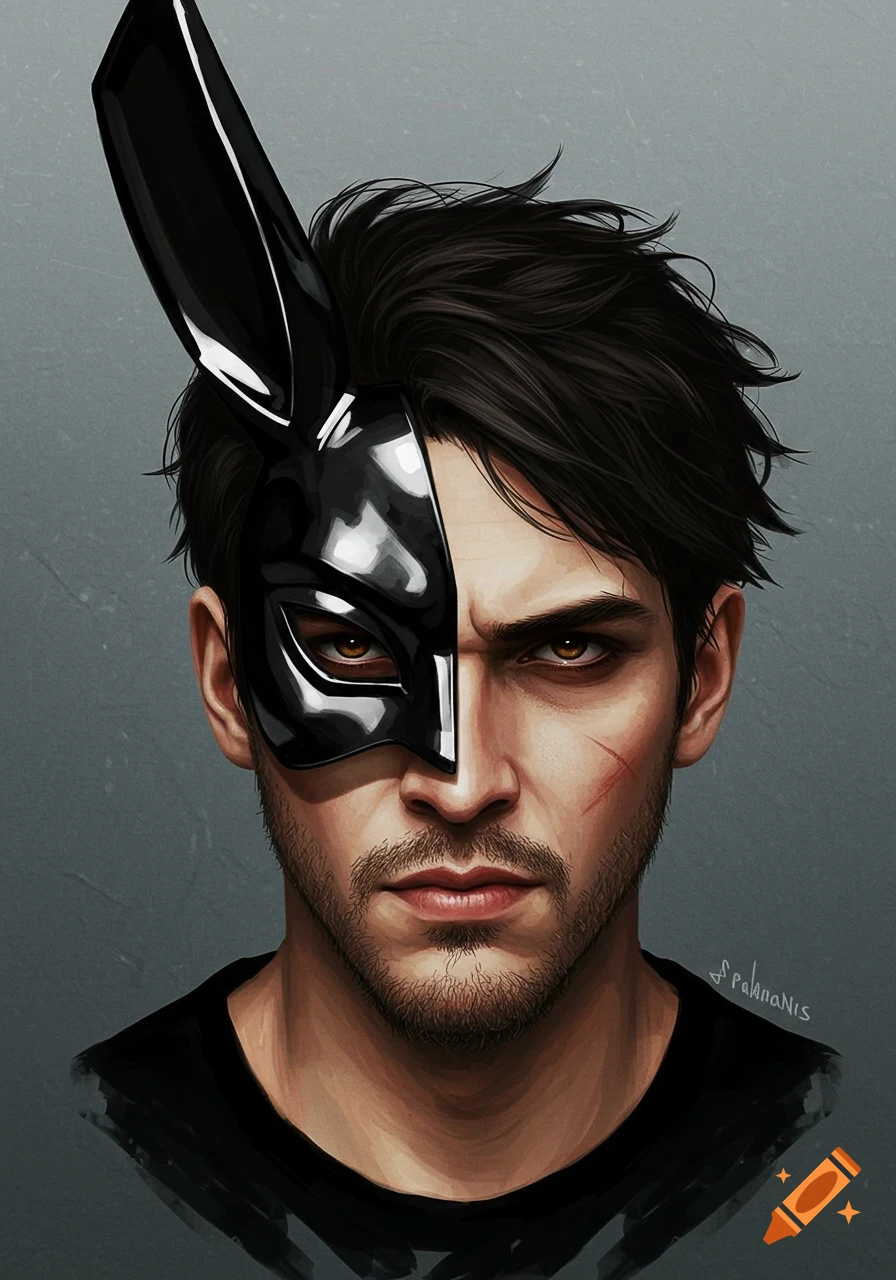 Digital painting of a mysterious man with dark hair, a beard, and a scar, wearing a glossy black bunny mask over one half of his face.