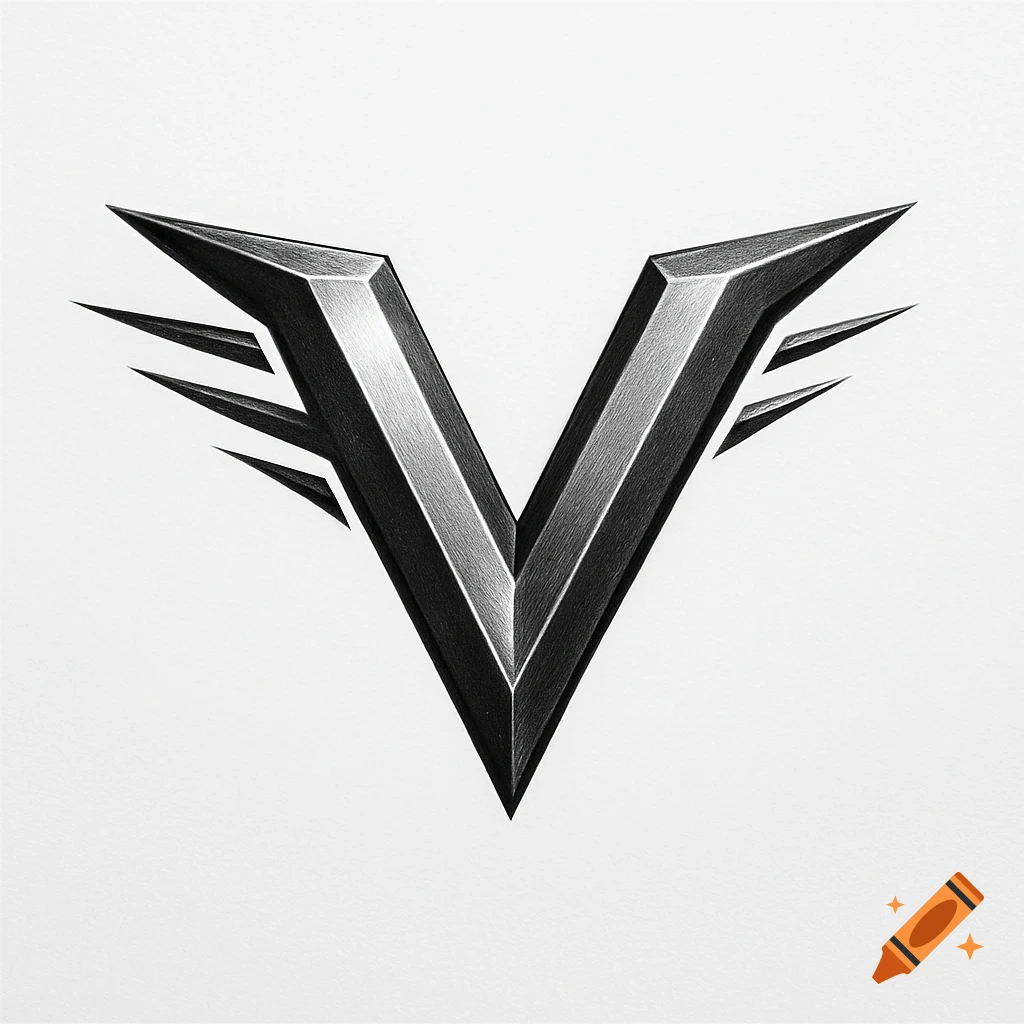 Black and white stylized letter V logo with sharp, metallic edges on a white background.