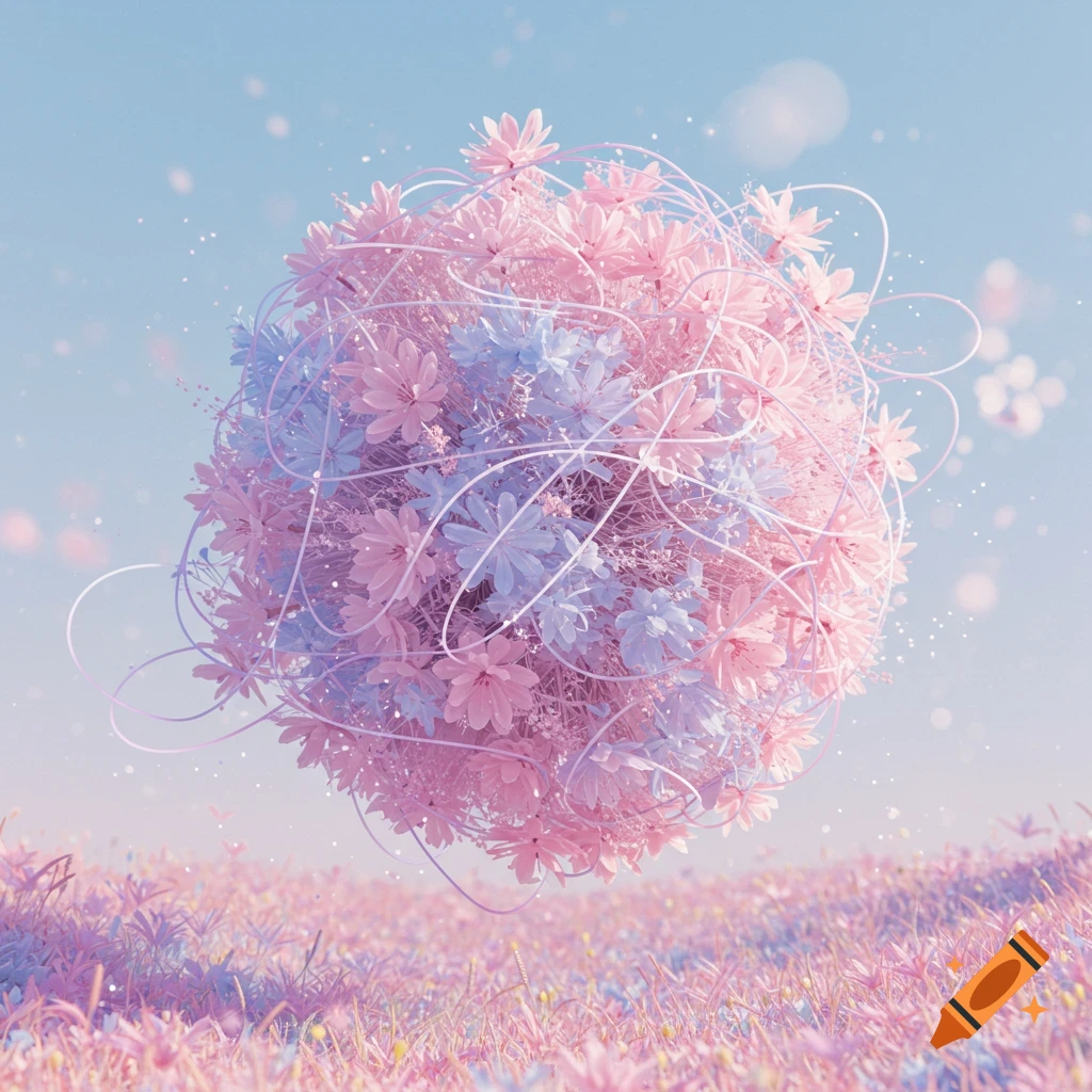 A pastel pink and blue sphere of delicate flowers and thin wires floats above a field of pink grass under a soft blue sky.