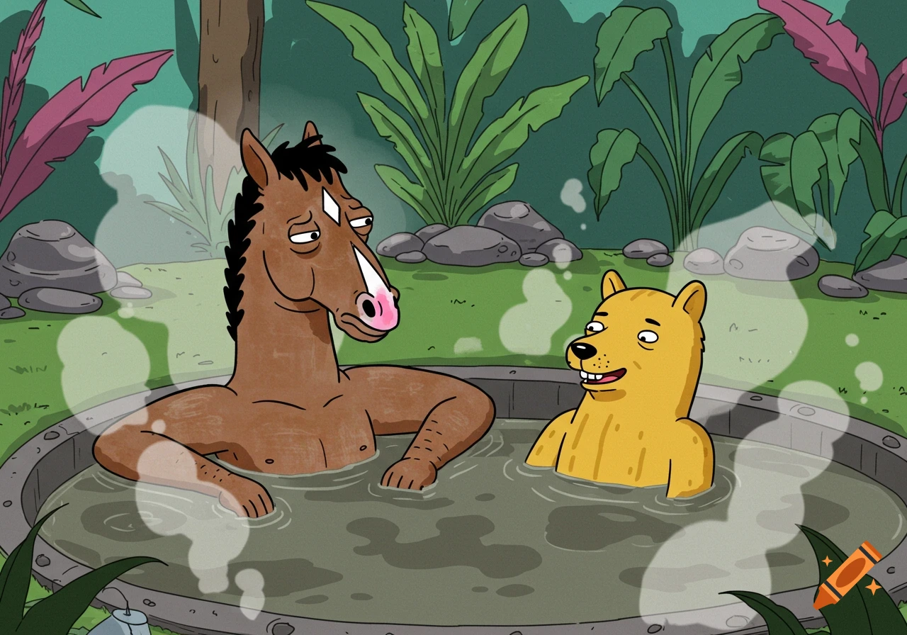Bojack Horseman and Mr. Peanutbutter in a steamy mud hot tub surrounded by tropical plants, cartoon style.