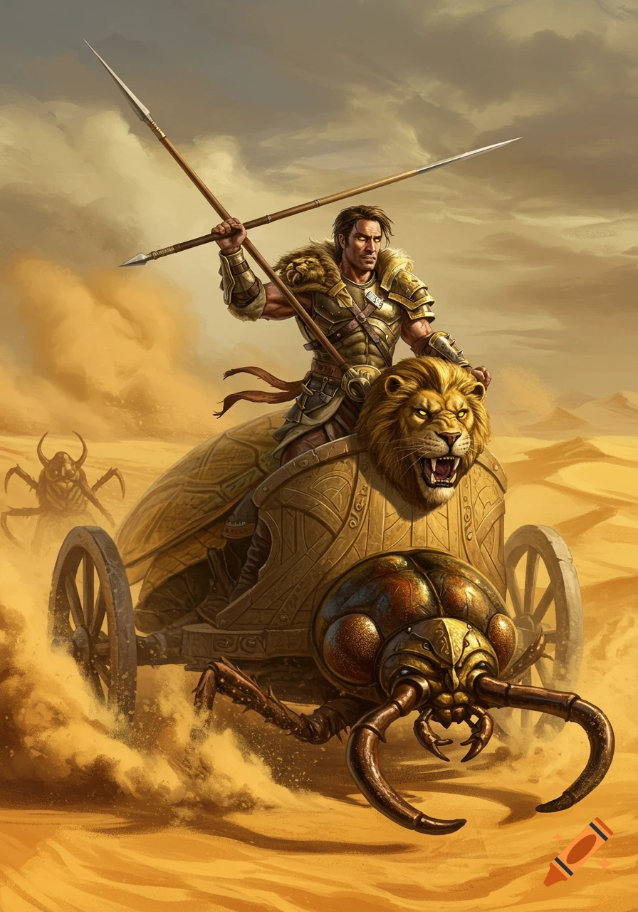 A handsome male warrior in lion-hide armor rides a chariot pulled by a massive monstrous bug through a sandy desert, holding two javelins. Fantasy art.
