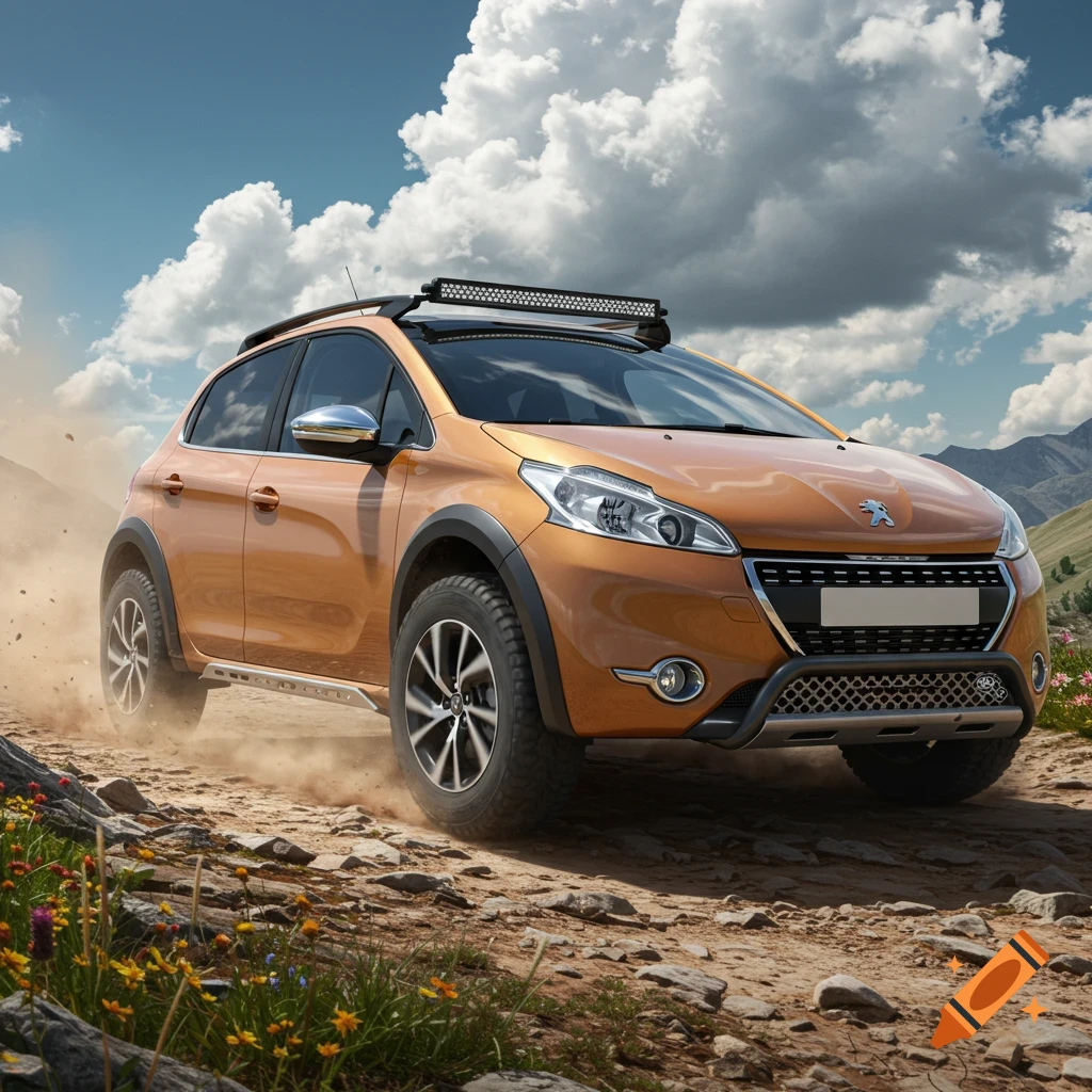 An orange Peugeot 208 off-road vehicle drives on a dusty dirt track in a mountainous landscape under a cloudy sky.