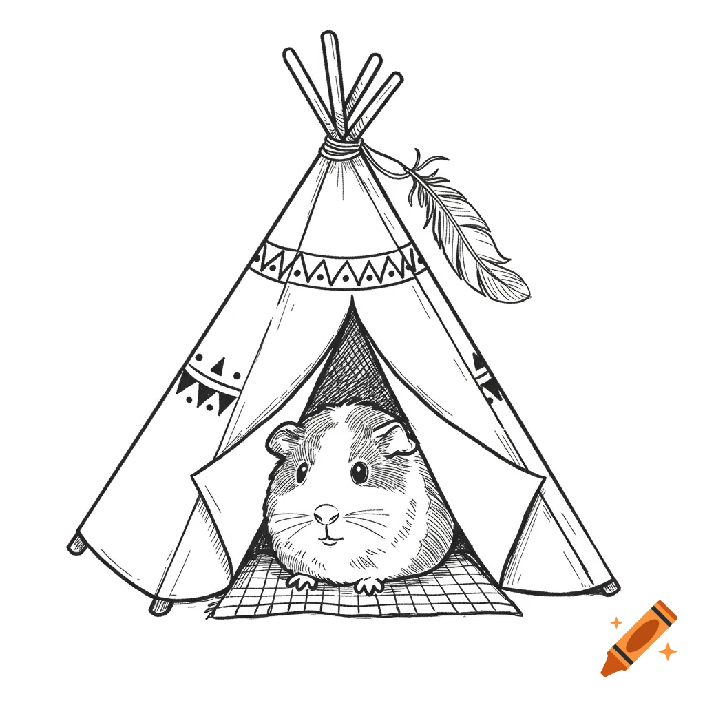 Line drawing of a cute guinea pig peeking out from a patterned teepee.