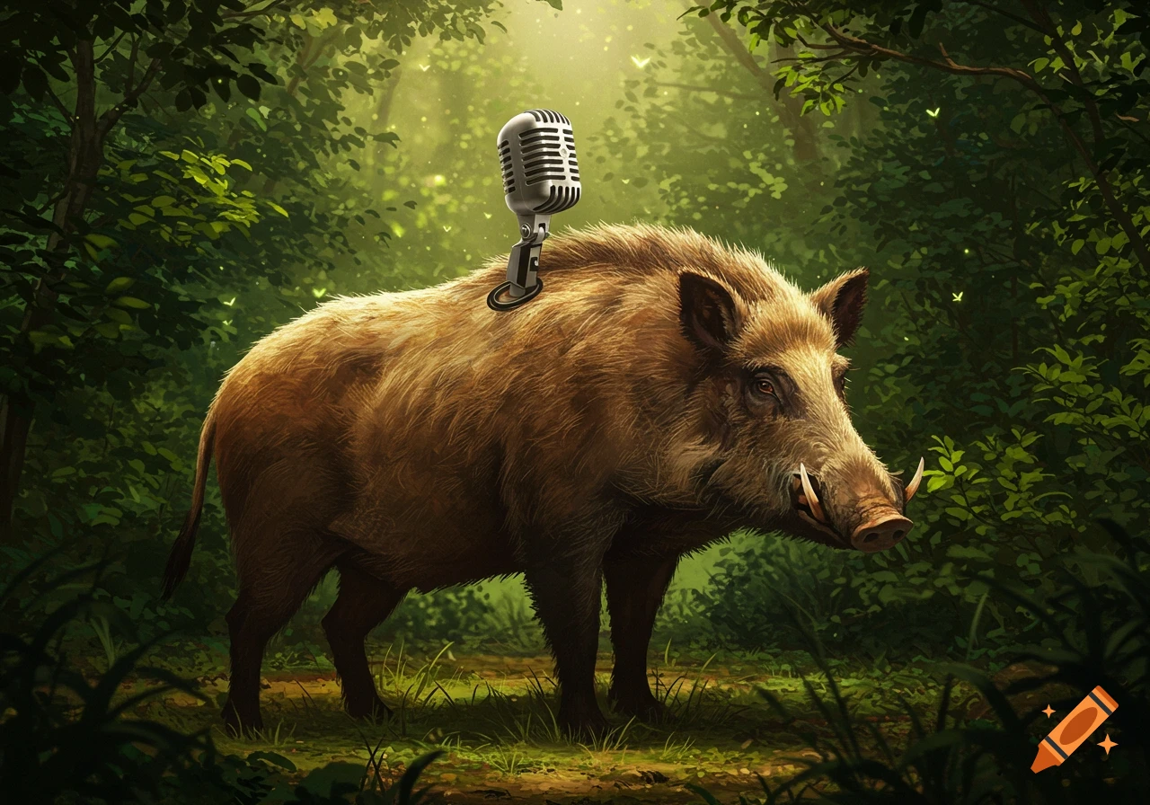 A photorealistic wild boar stands in a lush, sunlit forest with a vintage microphone attached to its back.
