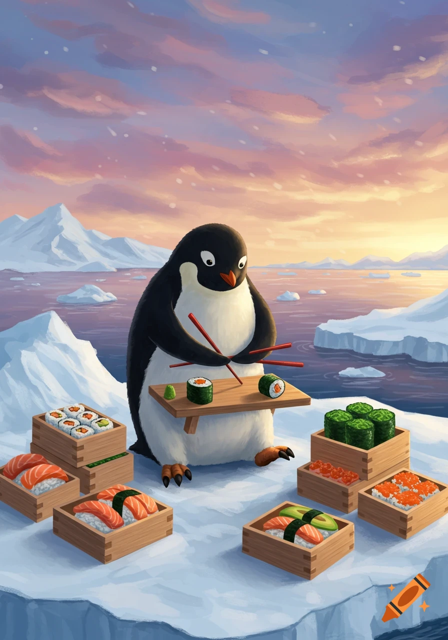 A cartoon penguin makes sushi on an ice floe, surrounded by various sushi boxes, set against an arctic landscape with a colorful sunset.