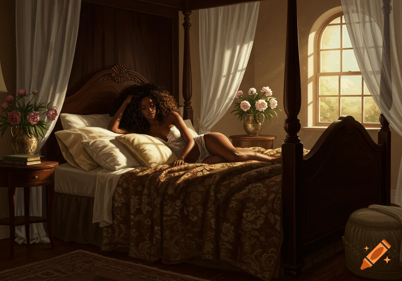 A photorealistic portrait of a woman with curly hair lying on a four-poster bed in a sunlit bedroom.