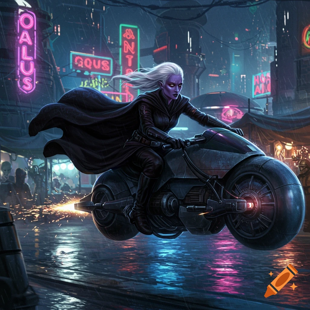 A dark-skinned woman with white hair rides a futuristic motorcycle through a rainy, neon-lit cyberpunk city at night.