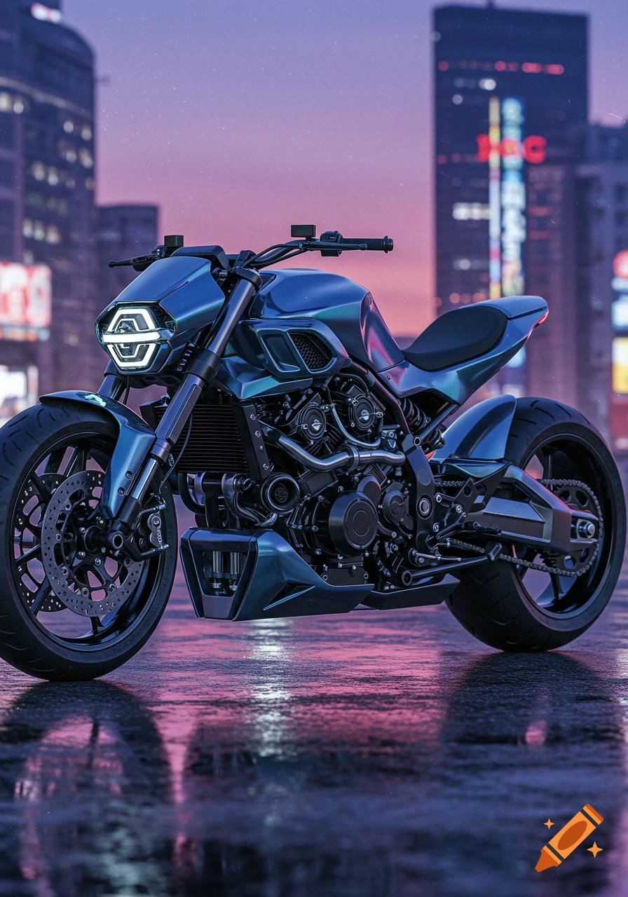 A sleek, blue futuristic motorcycle with glowing headlights on a wet city street at dusk, reflecting neon lights.