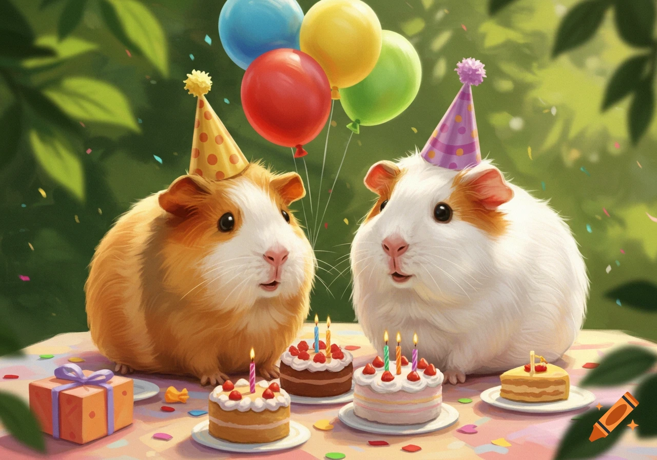 Two cute guinea pigs in party hats celebrate a birthday with cakes, balloons, and gifts in a lush green outdoor setting.