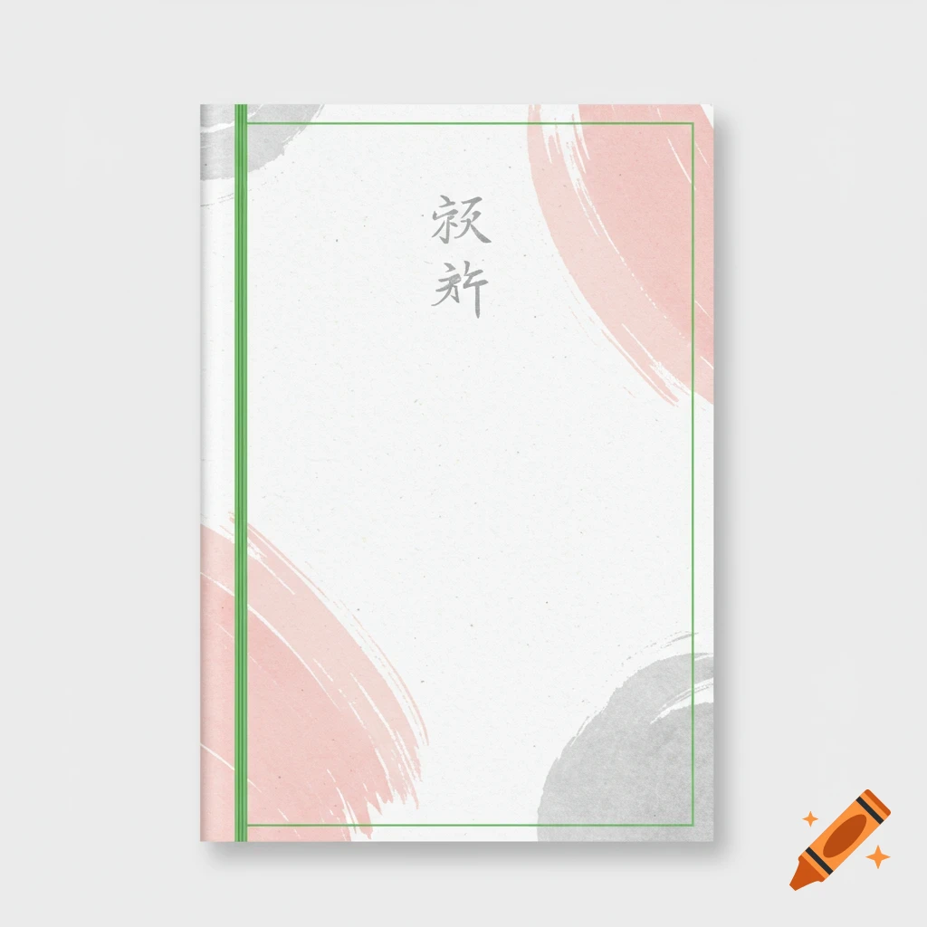 Minimalist notebook cover with Japanese calligraphy, pink and grey brushstrokes, and a green binding.