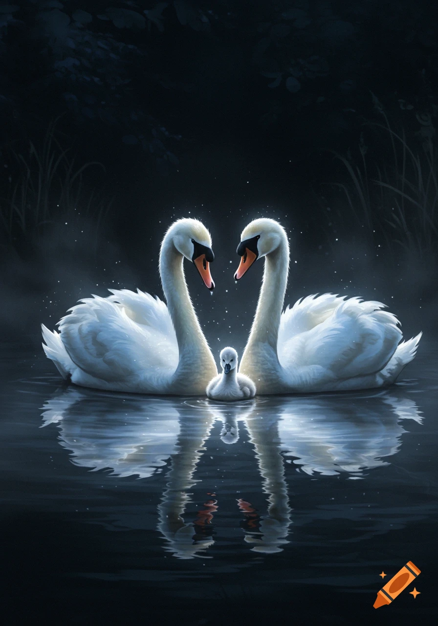A luminous painting of two white swans facing each other, forming a heart shape, with a baby swan between them on dark, reflective water at night.