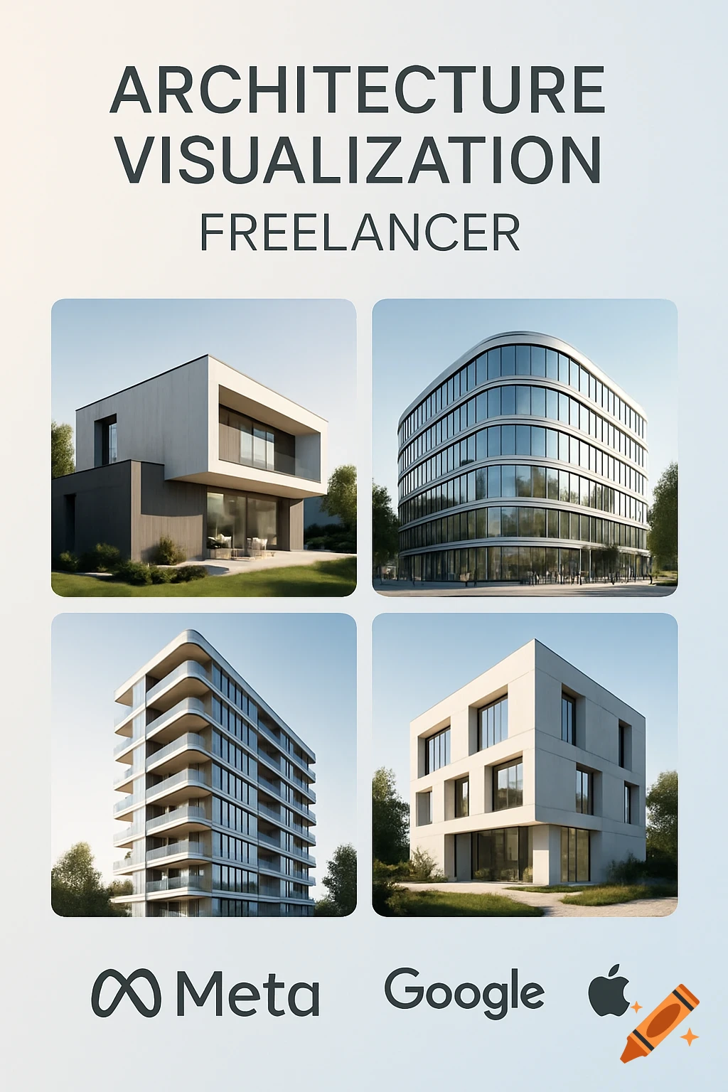 Modern website layout for architecture visualization freelancer, showing four building renders and Meta, Google, Apple logos.