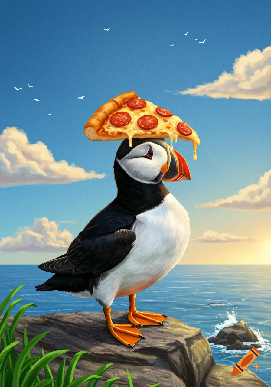 A cartoon puffin with a slice of pepperoni pizza on its head stands on a rock by the ocean.