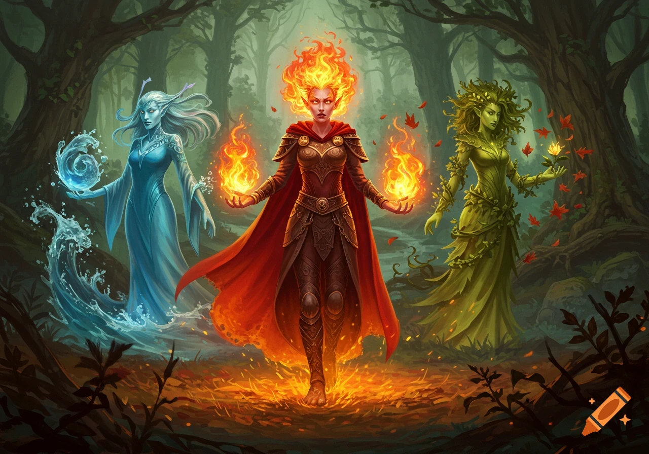 Three female elemental warriors: water, fire, and nature, with their powers glowing in a dark, enchanted forest. Fantasy art.