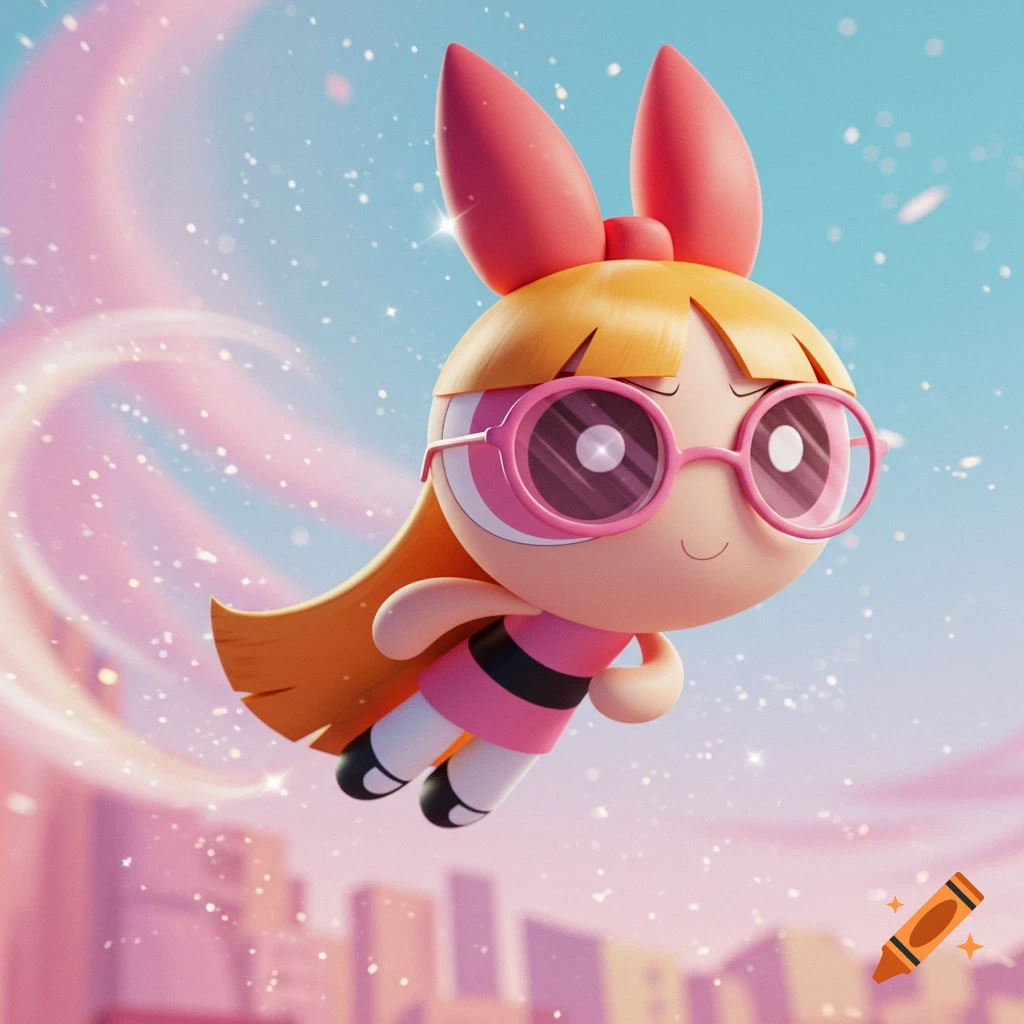 3D rendered Blossom from Powerpuff Girls flying against a pastel sky with sparkles and faint city silhouettes.