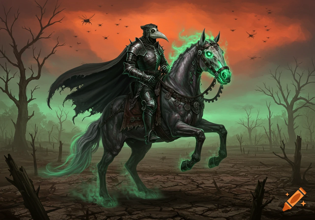A plague doctor in dark armor rides a glowing black horse through a desolate, mist-shrouded wasteland under a reddish-orange sky with flying insects.