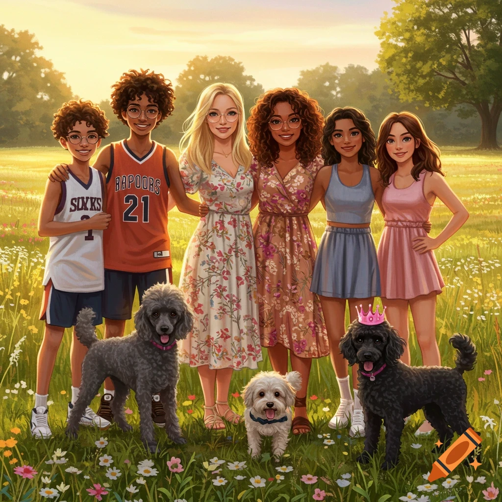 An illustrated family portrait featuring two women, two boys, two girls, and three dogs (two poodles, one small fluffy dog) in a sunny grassy field with wildflowers.